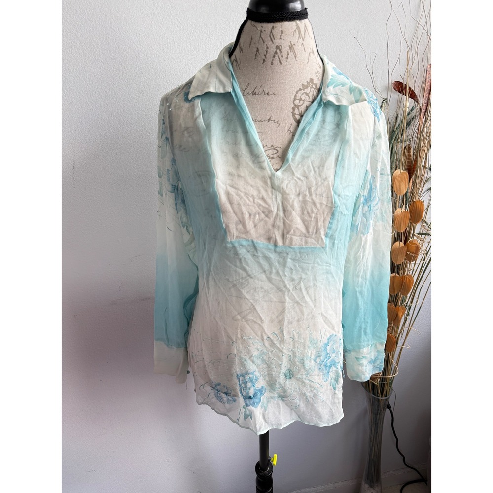 iCE Women Blue White Ombre Floral Beaded Silk Tunic Blouse Large V-Neck Long Slv